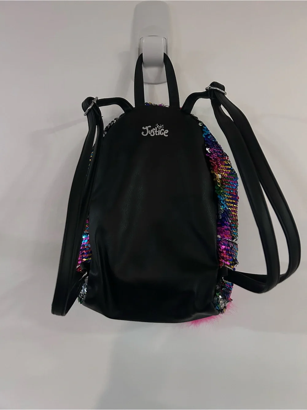 Justice Rainbow Sequin Backpack with Yellow Emoji and Pink Pom